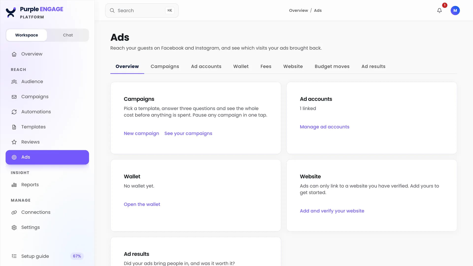 The Purple Engage ads workspace for Facebook and Instagram, with campaigns, ad accounts, wallet, website and ad results