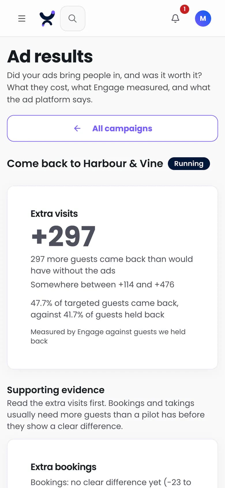 Ad results in Purple Engage, comparing visits from guests targeted by the ads with guests held back, on a phone
