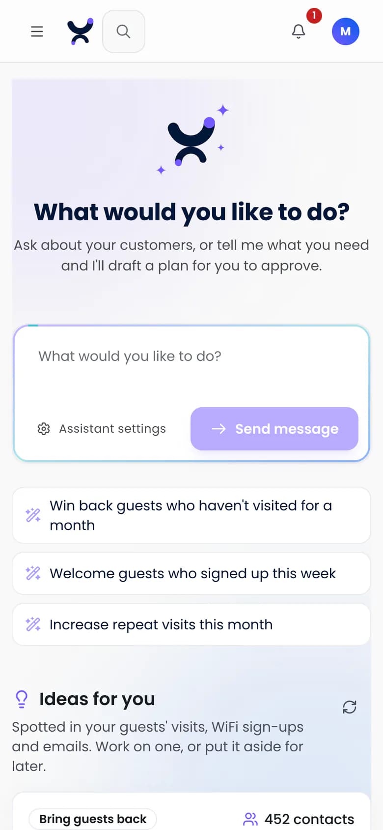 The Purple Engage assistant asking what you would like to do, with suggested tasks such as winning back guests who have not visited for a month, on a phone