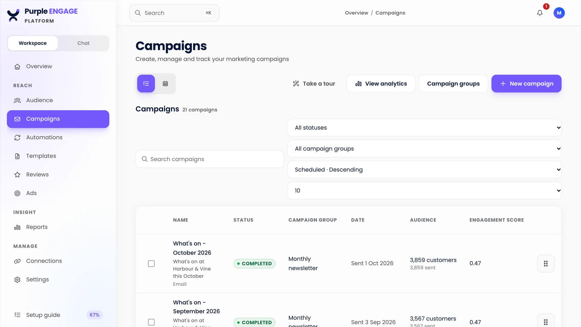 The Purple Engage campaign list, showing each campaign's status, group, send date, audience size and engagement score