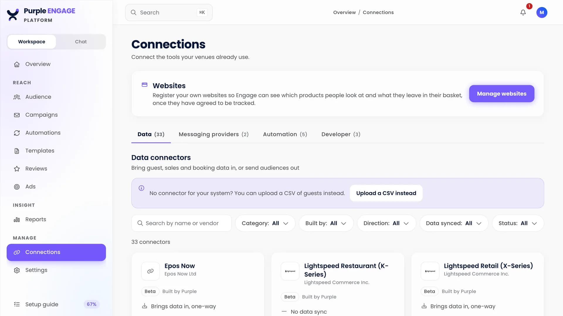 The Purple Engage connections page, listing data connectors for tills, bookings and other systems, each marked Beta