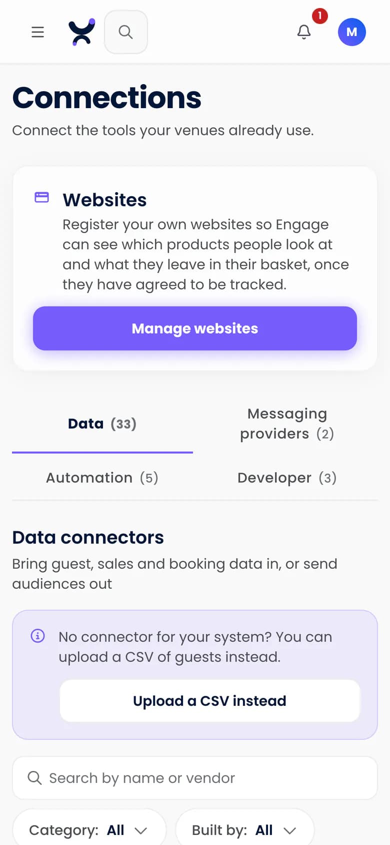 The Purple Engage connections page, listing data connectors for tills, bookings and other systems, each marked Beta, on a phone
