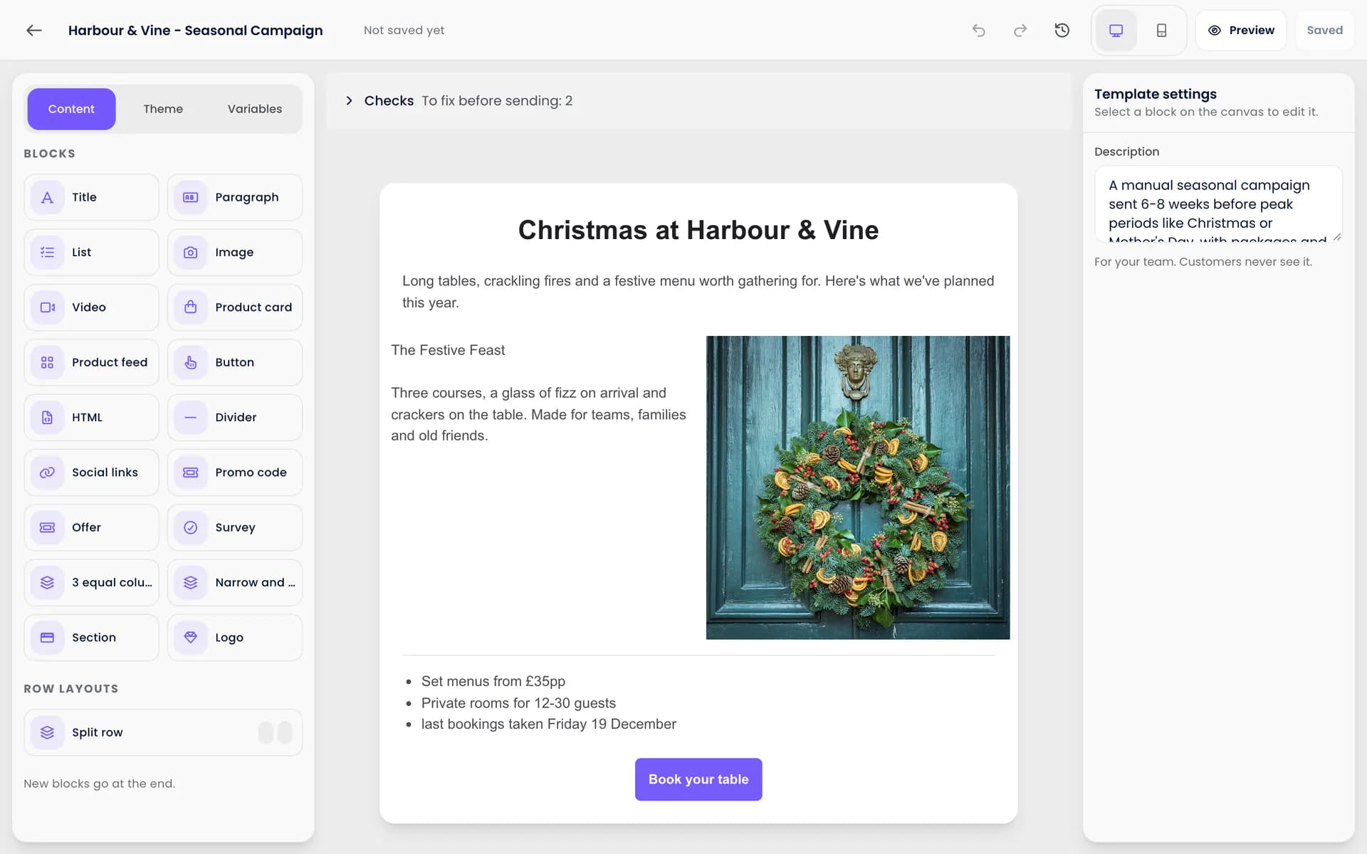 The Purple Engage drag-and-drop email builder, with content blocks on the left and a Christmas campaign being edited in the centre