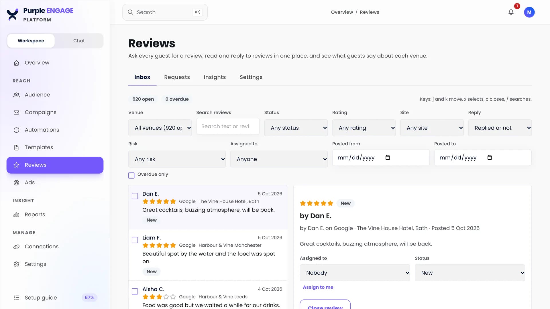 The Purple Engage reviews inbox, listing reviews by venue, with one review open to assign and reply to