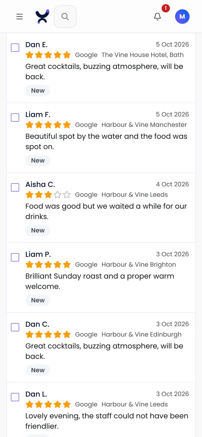 The Purple Engage reviews inbox, listing reviews by venue, with one review open to assign and reply to, on a phone