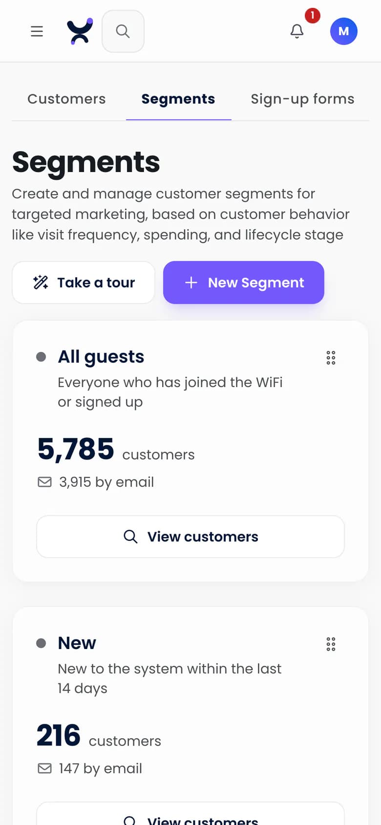 Six guest segments in Purple Engage, such as New, Repeat, At Risk and Dormant, each with a live count of guests and how many can be emailed, on a phone