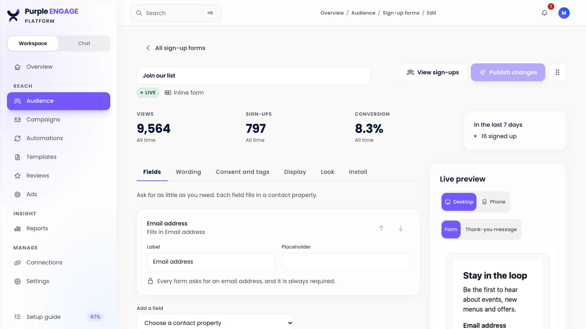 The sign-up form builder in Purple Engage, with views, sign-ups and conversion rate above the field settings and a live preview