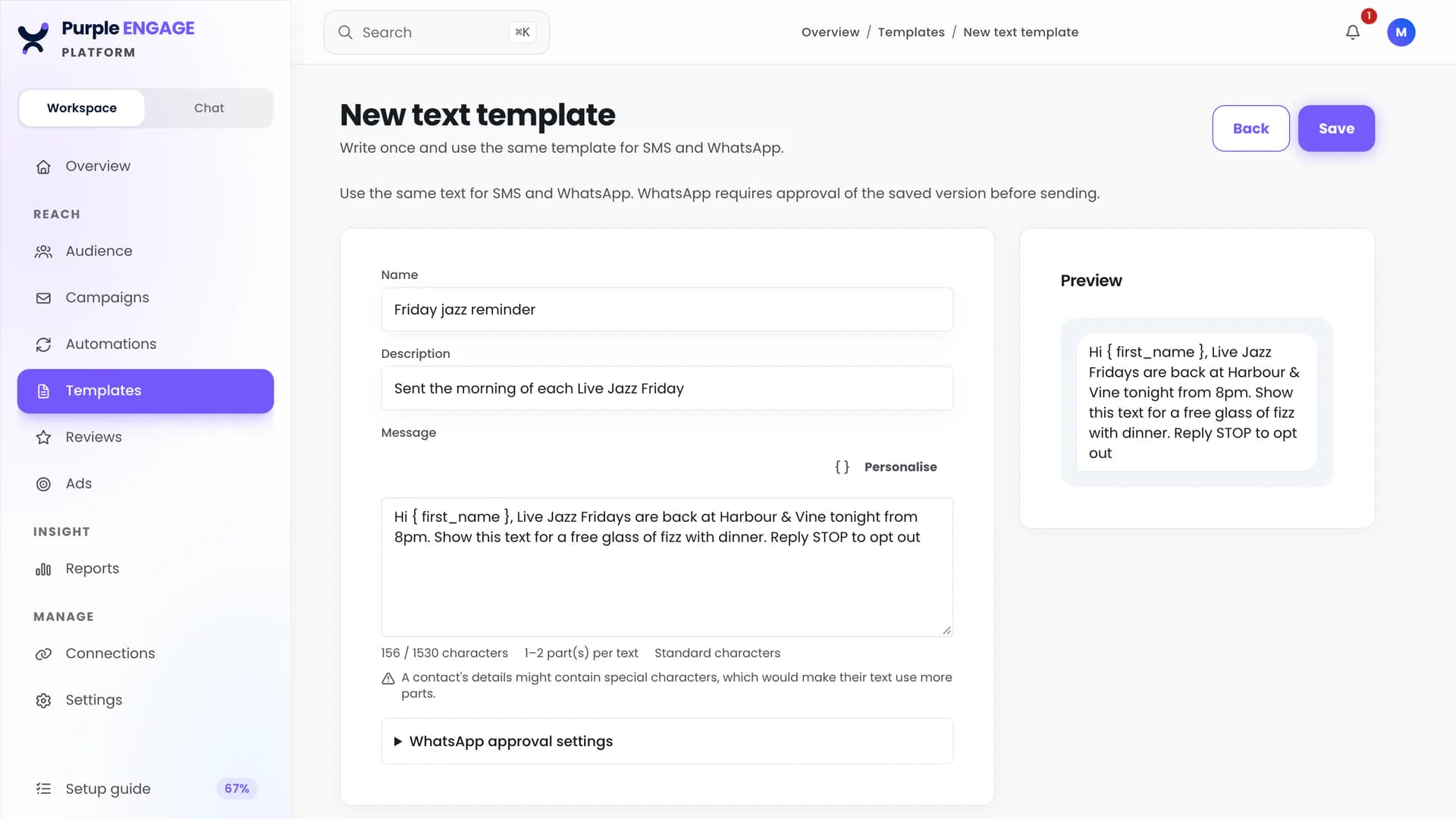 The Purple Engage text template editor, writing one message for SMS and WhatsApp with a character count and a preview