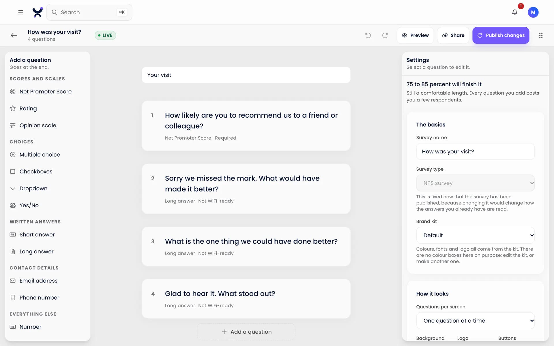 The survey builder in Purple Engage, editing a four-question visit survey that opens with a Net Promoter Score question