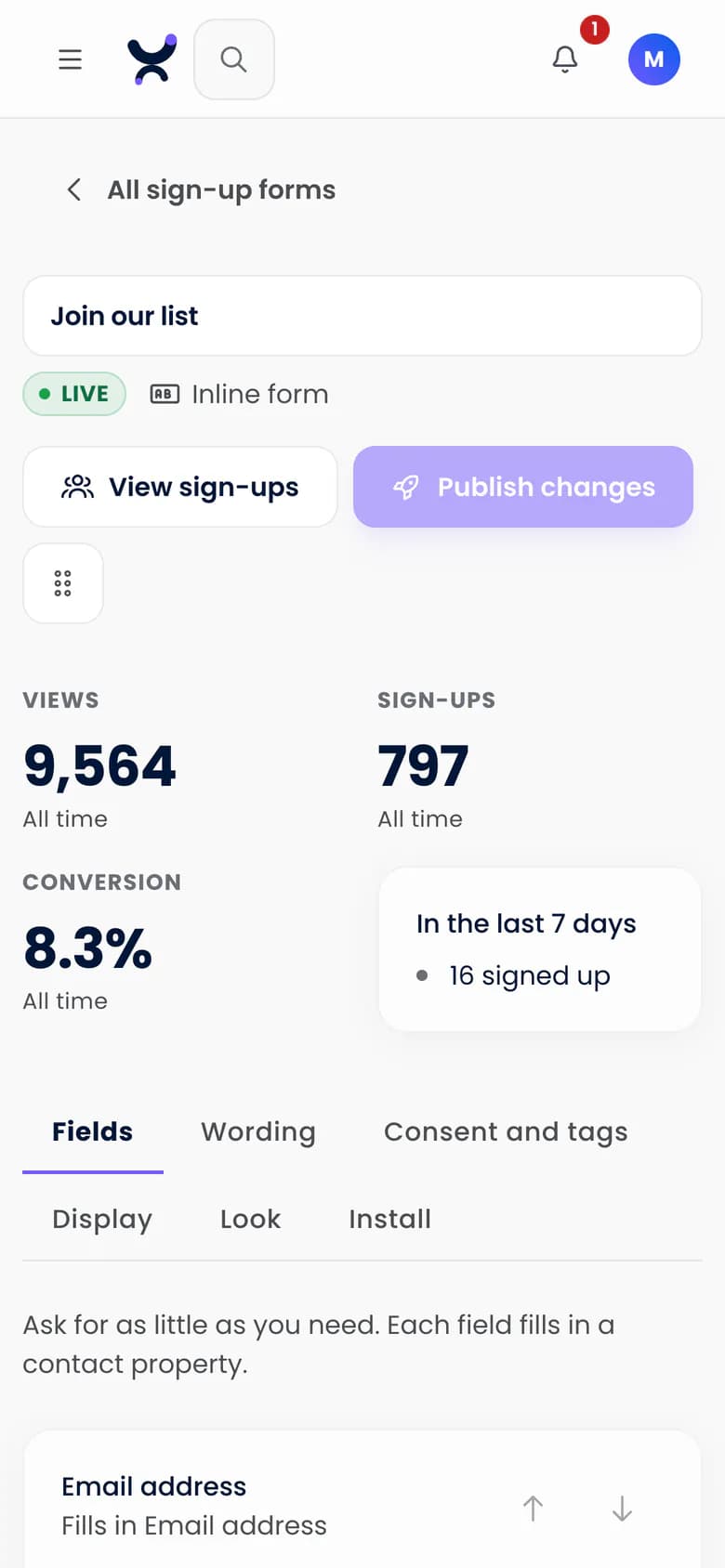 The sign-up form builder in Purple Engage, with views, sign-ups and conversion rate above the field settings and a live preview, on a phone