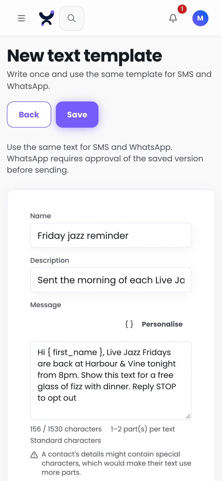 The Purple Engage text template editor, writing one message for SMS and WhatsApp with a character count and a preview, on a phone